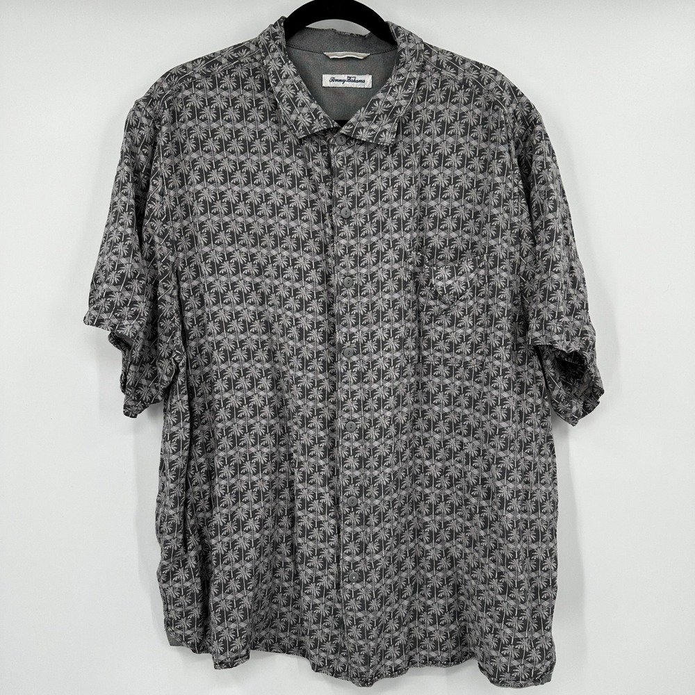 Tommy Bahama Men XXL Grey Palm Tree Print Viscose Short Sleeve Button Down Shirt